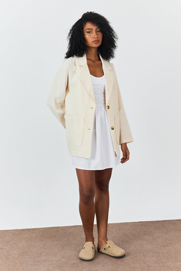 Bej %100 Cotton Oversize Ceket - 1