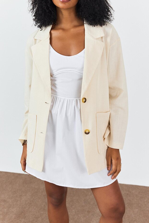 Bej %100 Cotton Oversize Ceket - 2