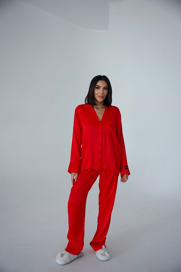 Sentimenti Perfetti Kırmızı Floş Saten Uzun Pijama Takımı - 5