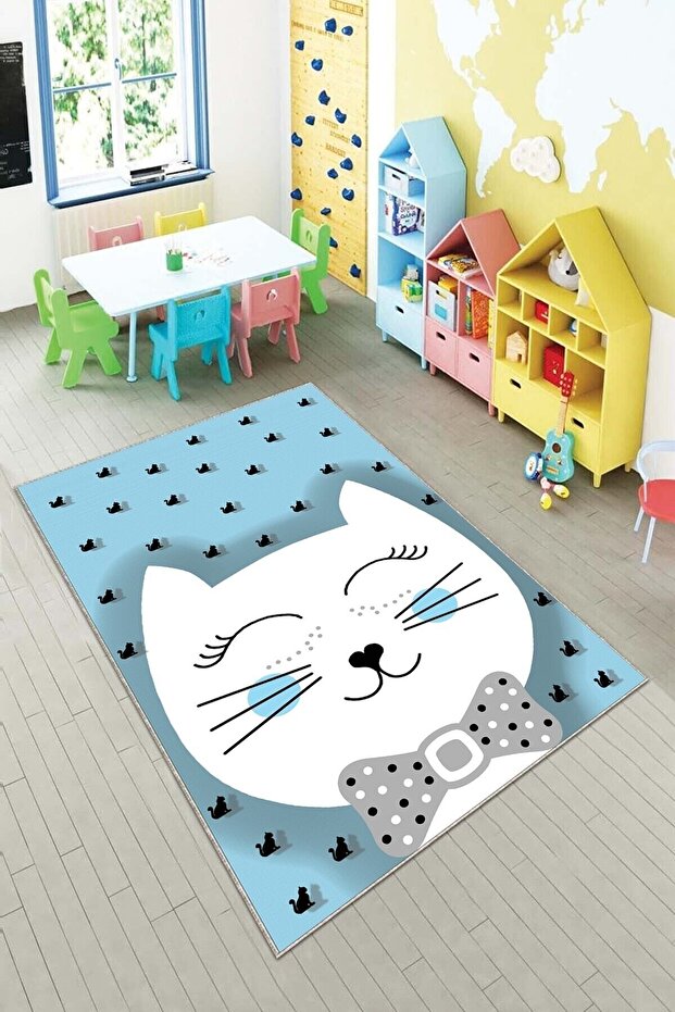 Mavi Kedi Desenli Yıkanabilir Kaymaz Taban Leke Tutmazbebek Ve Çocuk Odası Halısı - 1