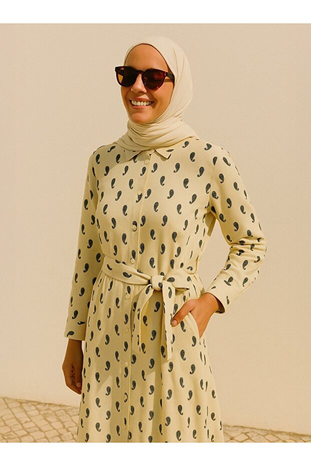 Full Buttoned Viscose Hijab Dress - Black - White - Refka