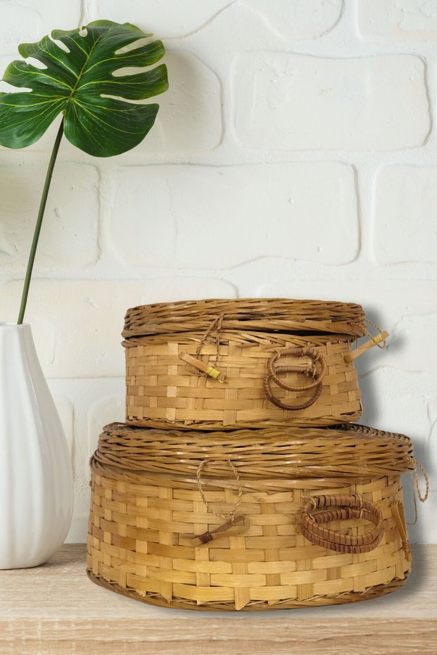 Natural Wicker Lid Sea Shell Oyster Basket Set of 2 Decorative Bohemian Concept Design