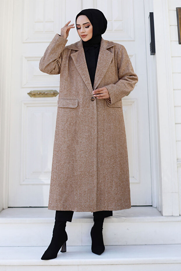 Herringbone patterned coat tsd240925 taba