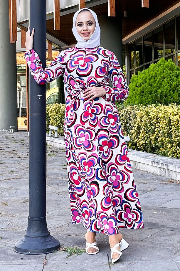 Manolya Desenli Beli Lastikli Elbise Tsd220848 Fuşya - 1