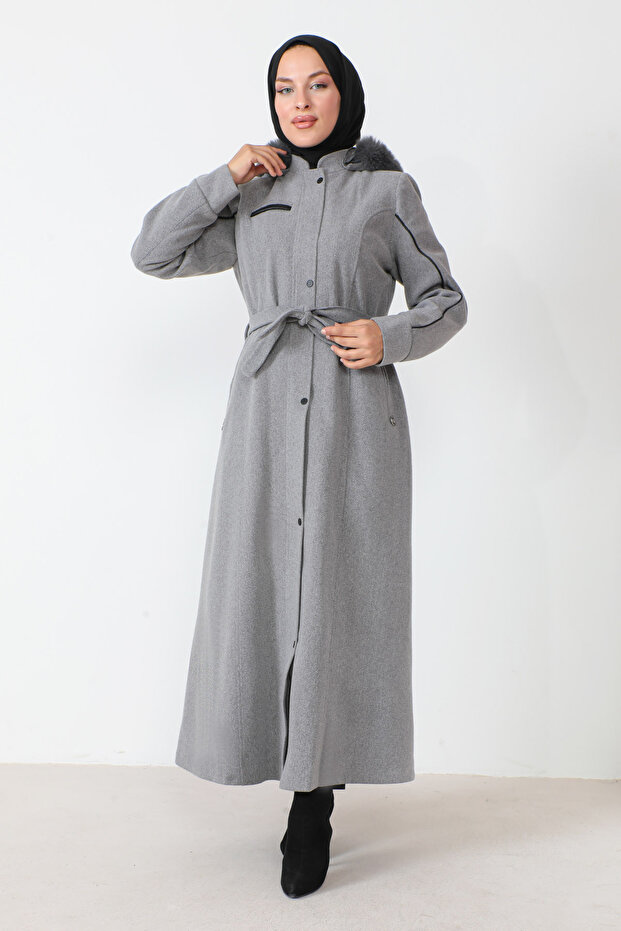 Leather Detailed Full Length Cashmere Coat TSD230811 Gray