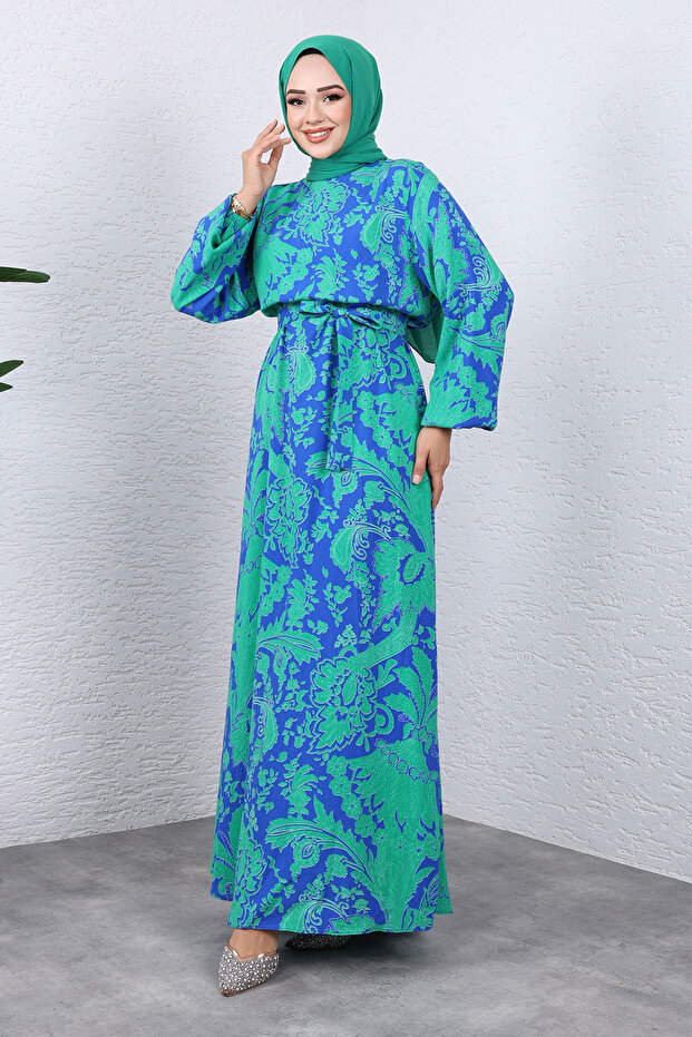 Leaf Patterned Viscose Long Hijab Dress Tsd240937 Blue