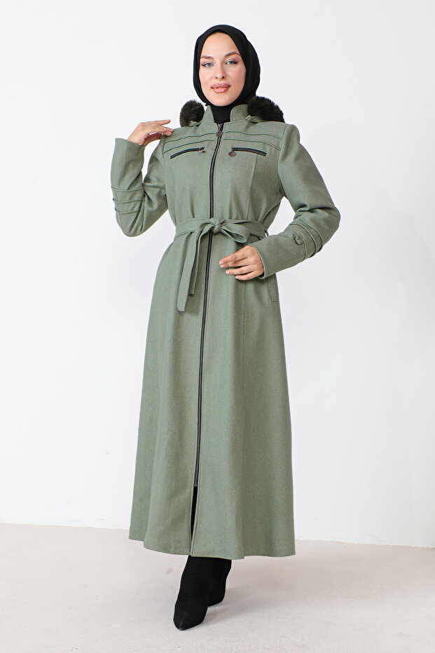 Zippered Full Length Cashmere Coat with Ornamental Pockets TSD230810 Mint Green