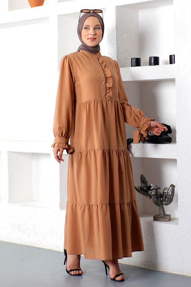 Kolu Bağlamalı Tesettür Elbise Tsd221207 Taba - 5