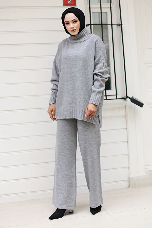 Ribbed sleeve turtleneck knitwear set tsd240931 gray