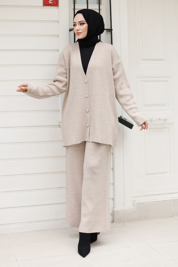 Beige knitted cardigan set with button detail tsd240932