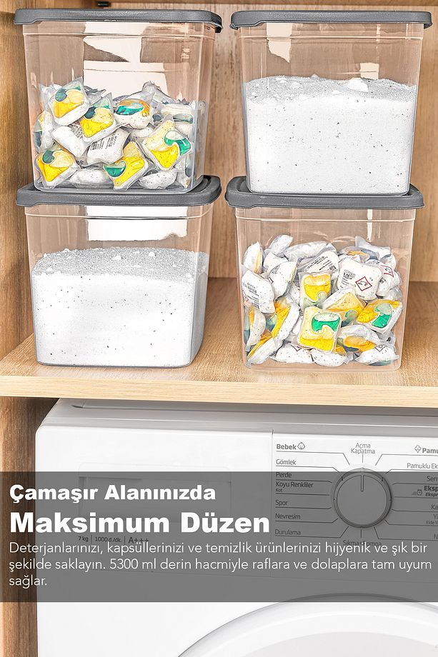 5'li Mega Boy Deterjan Saklama Kutusu - Etiketli Banyo Tablet Toz Deterjan Kutusu 5,3 Litre Şeffaf - 5
