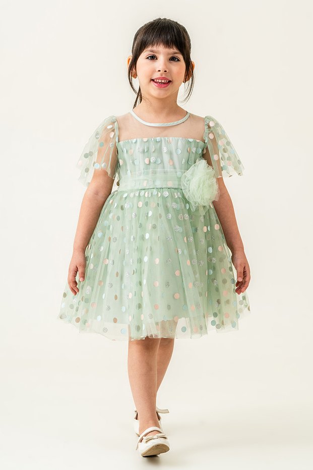Girl's Evening Dress, Glittery Polka Dot Patterned Tulle Sleeves, Age 2-5