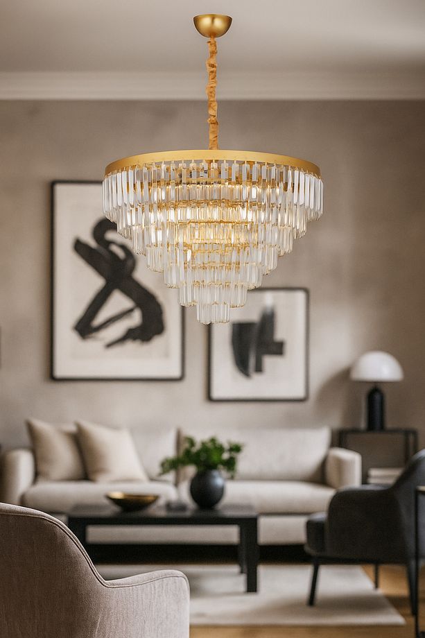 Linsa 65 Cm'lik Kristal Cam Taşlı Lüks Avize - (Sarı Yaldız) - 1