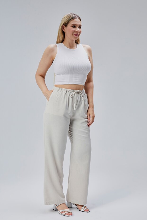 Viscose Linen Blend Woven Women's Trousers - Ecru 9XL
