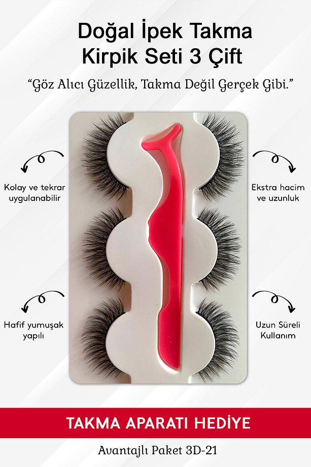 Doğal Ipek Takma Kirpik 3 Çift Kirpik Takma Aparatı 3d-48 - 1
