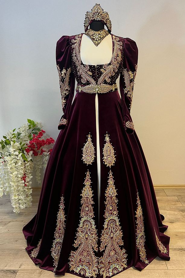 MOR-GOLD KADİFE BİNDALLI KAFTAN KINA GECESİ ELBİSESİ SETİ TAÇ-KEMER-KOLYE + TARLATAN HEDİYE - 2