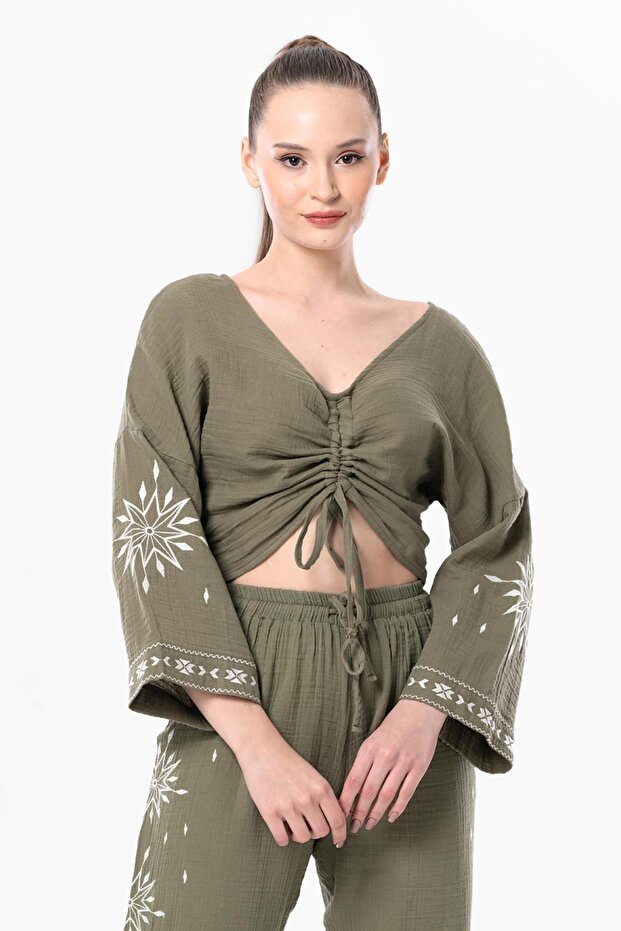 Long Sleeve Daylight Gather Detailed Summer Muslin Blouse Khaki Hk