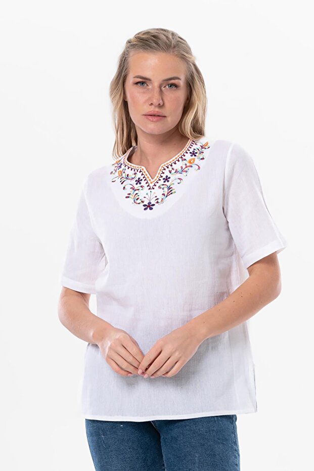 Short Sleeve Sile Cloth Rainbow Embroidery Detailed Summer Blouse White Byz