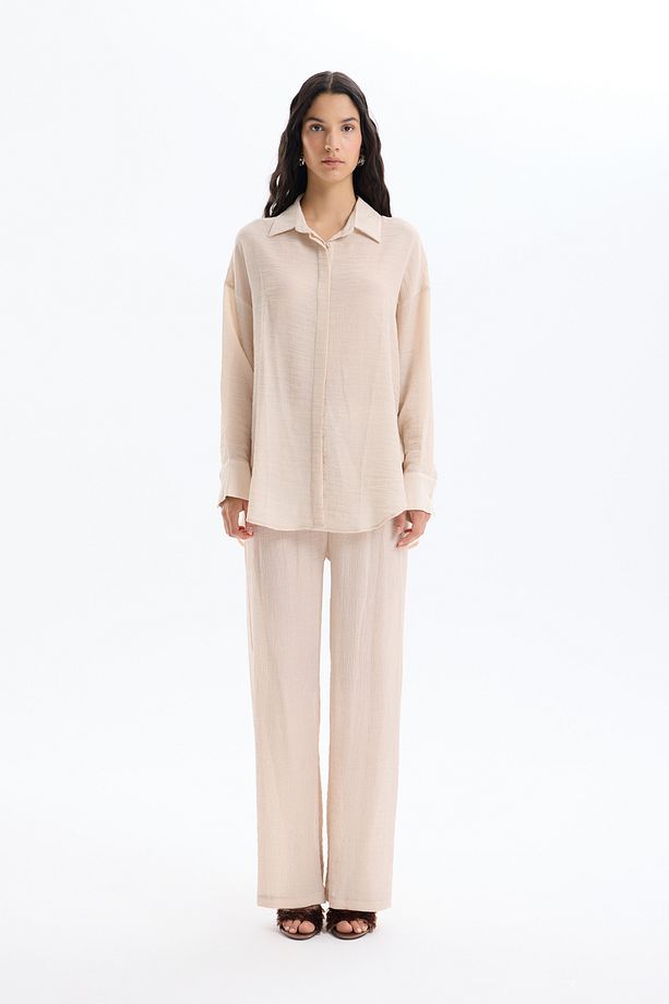 Düğmeli Oversize Dokulu Gömlek Taş - 4