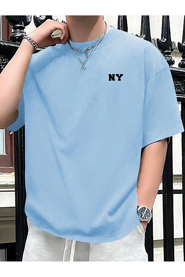 Ny Text Single Jersey T-Shirt - Baby Blue Printed Oversize Crew Neck T-Shirt