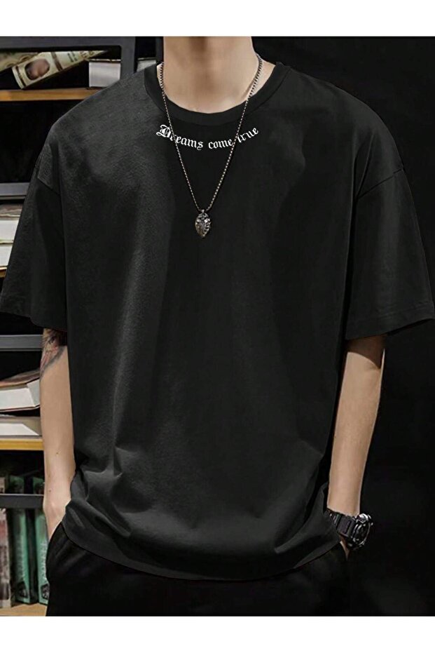 Dreams Collar Detail Single Jersey T-Shirt - Black Printed Oversize Crew Neck T-Shirt