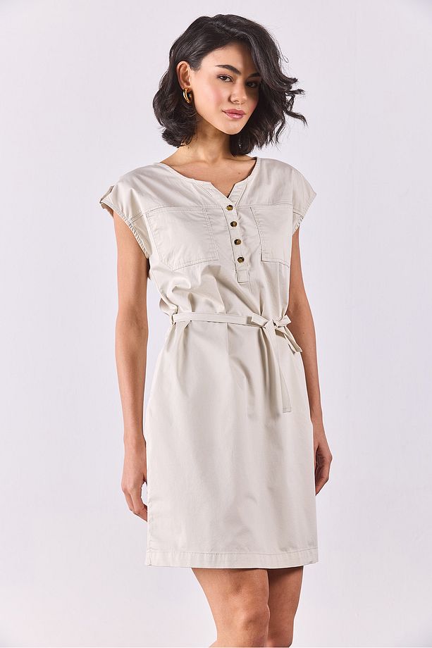 Riva Önü Düğmeli Regular Fit Gabardin Elbise - KEMİK - 6
