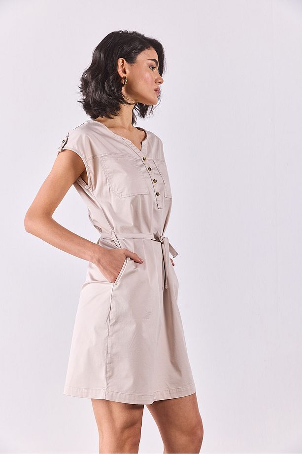 Riva Önü Düğmeli Regular Fit Gabardin Elbise - TAŞ - 8