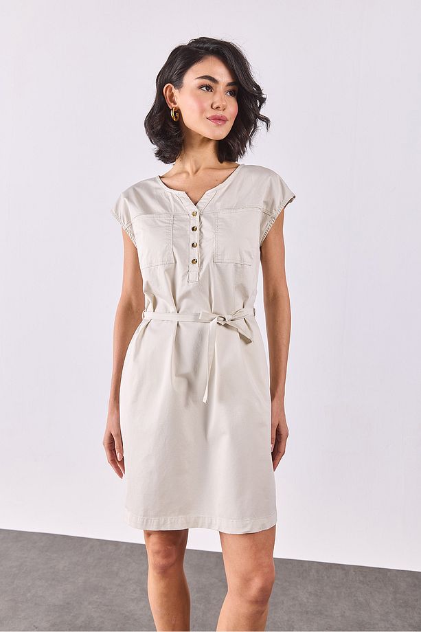 Riva Önü Düğmeli Regular Fit Gabardin Elbise - KEMİK - 7