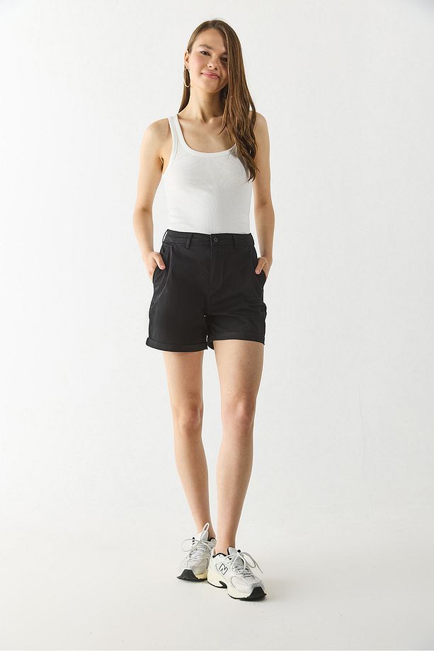 Helen Yüksek Bel Gabardin Bermuda Şort - SİYAH - 3