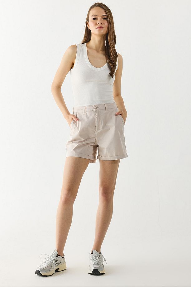 Helen Yüksek Bel Gabardin Bermuda Şort - TAŞ - 1