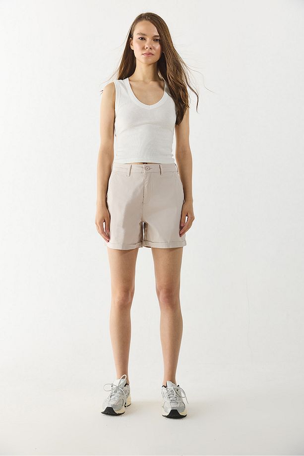 Helen Yüksek Bel Gabardin Bermuda Şort - TAŞ - 6