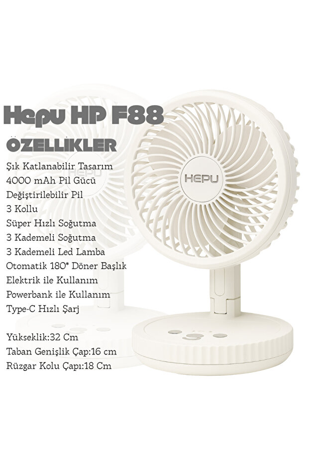 HP-F888 Katlanabilir Taşınabilir Fan 20 Cm Çap | 4000 mAh | Type-C Şarj | 180° Döner Başlık - 3