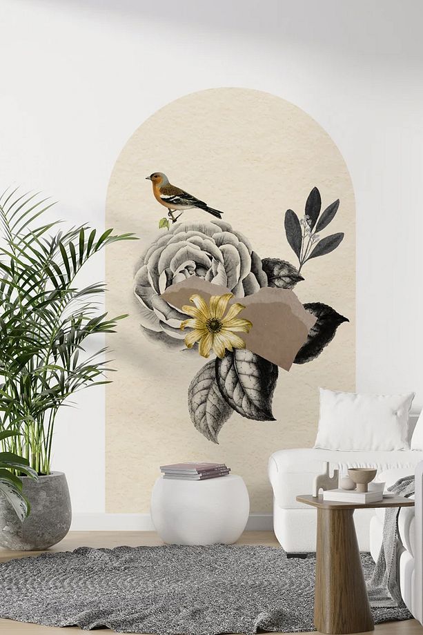 Çiçekler ve İspinoz Kuşu Boho Kemer Arch Retro Duvar Sticker - 4