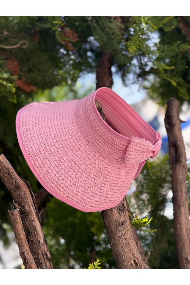14624 Fiyonklu Pembe Geniş Üstü Açık Hasır Vizör Şapka - 3