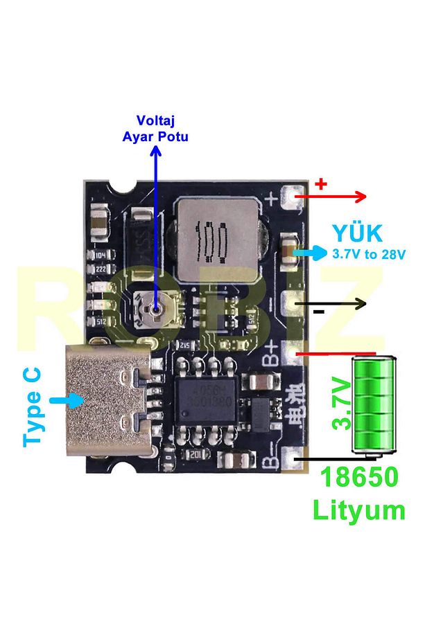 TP4056 18650 Lityum Pil Şarj Modül Type C Ayarlı Voltaj Yükseltici Lion Batarya Akü DC 3.7V to 28V - 1