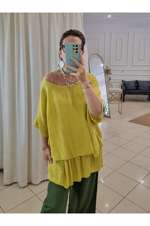 İncecik Pamuklu Oversize Hardal Sarı Bluz İtalyan - 1