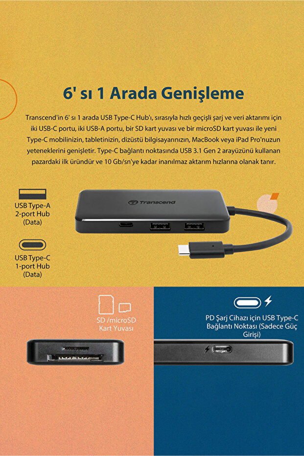 Transcend TS-HUB5C 2-Port Type-A,1-Port Type-C,1-Port PD,SD/MicroSD Gen 2 Type C HUB & Kart Okuyucu - 3