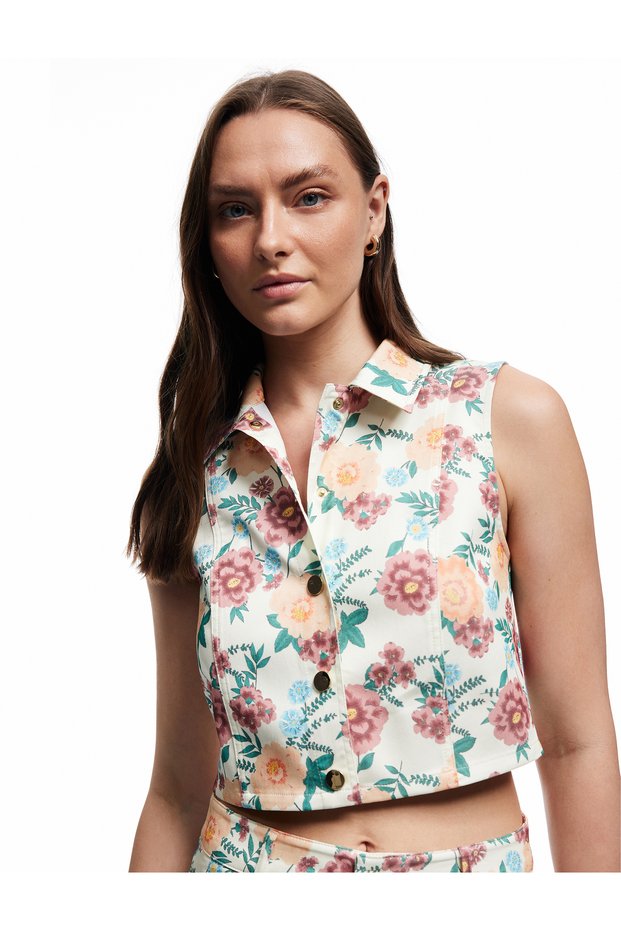 Sleeveless Shirt Collar Floral Vest