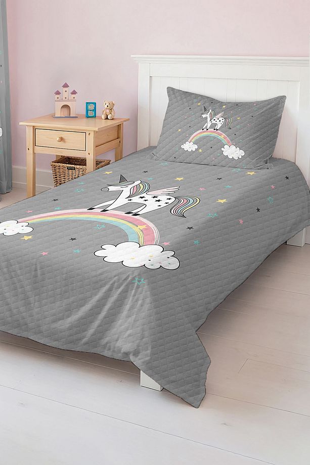 Unicorn Desenli Tek Kişilik Çocuk ve Genç Odası Pike Takımı Yatak Örtüsü - 4