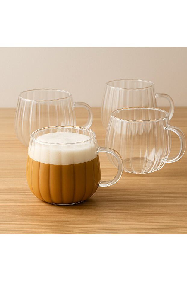 Set of 4 Coffee Glasses - Pinterest Glass with Handle Striped Mug 400 ml Borosilicate Thermosil Mug