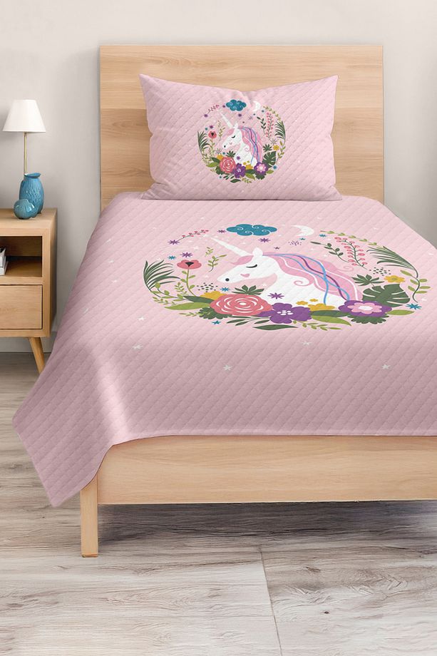 Unicorn Desenli Tek Kişilik Çocuk ve Genç Odası Pike Takımı Yatak Örtüsü - 2