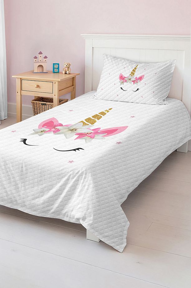Pamuklu Unicorn Desenli Tek Kişilik Çocuk ve Genç Odası Pike Takımı Yatak Örtüsü - 4