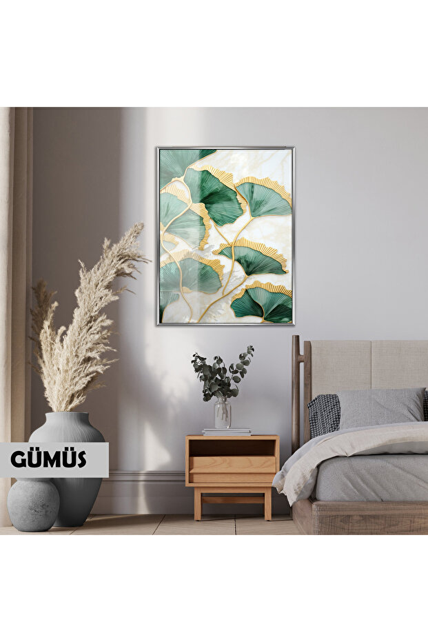 Amazing | Gold-Green Leaf Model(Leaves) | Framed Tempered Glass Table Single Vertical