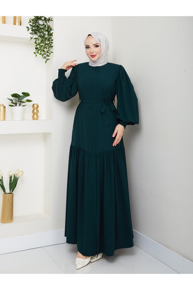 Pleated Waist Hidden Zipper Belt Balloon Sleeve Ferace-1031