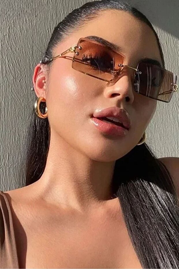 Brown Rectangular Crystal Cut Women's Sunglasses