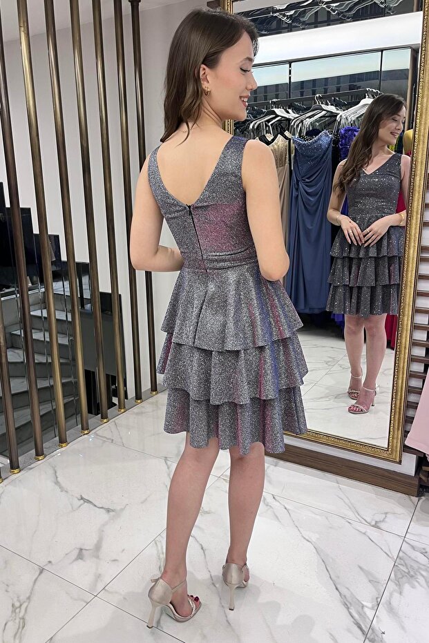 Ön Arka V Yaka Simli Katlı Elbise - 4