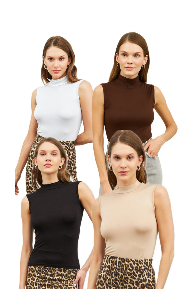Women's Black White Brown Cream 4-Piece Zero Sleeve Half Fisherman Blouse