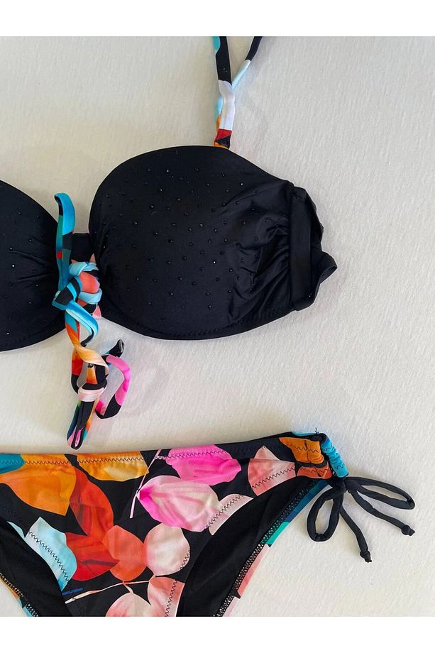 Kadın Siyah Taş İşlemeli Astarlı Bikini Takım HZL25S-LC207 - 3