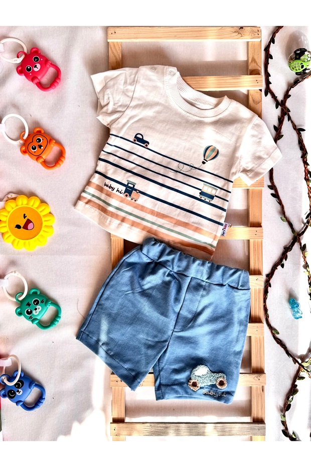 100% Organic Cotton Unisex Summer Baby Set – Car Printed T-Shirt & Shorts 2-Piece Baby Hi Set