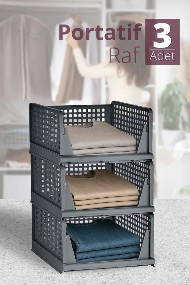 Multi-Purpose Portable Plastic Sliding Shelf Cabinet Organizer Set of 3 Gray